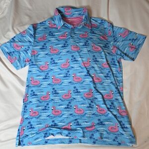 Birdie Bound Flamingo Pool Float Polo Shirt Size Medium